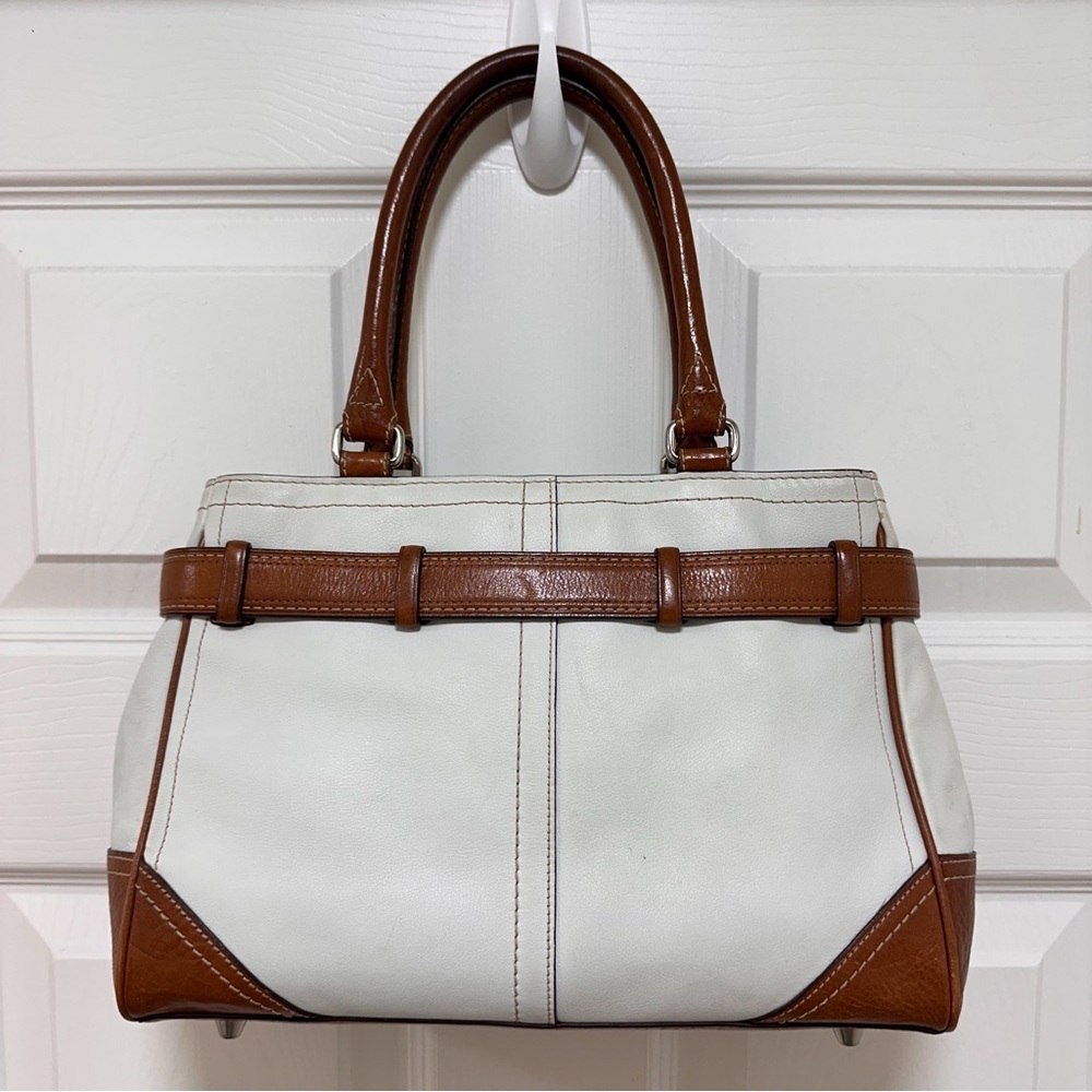 Coach Hamptons Satchel White Leather Cognac Trim Dog-Leash Clip Vintage Y2K - Picture 5 of 12
